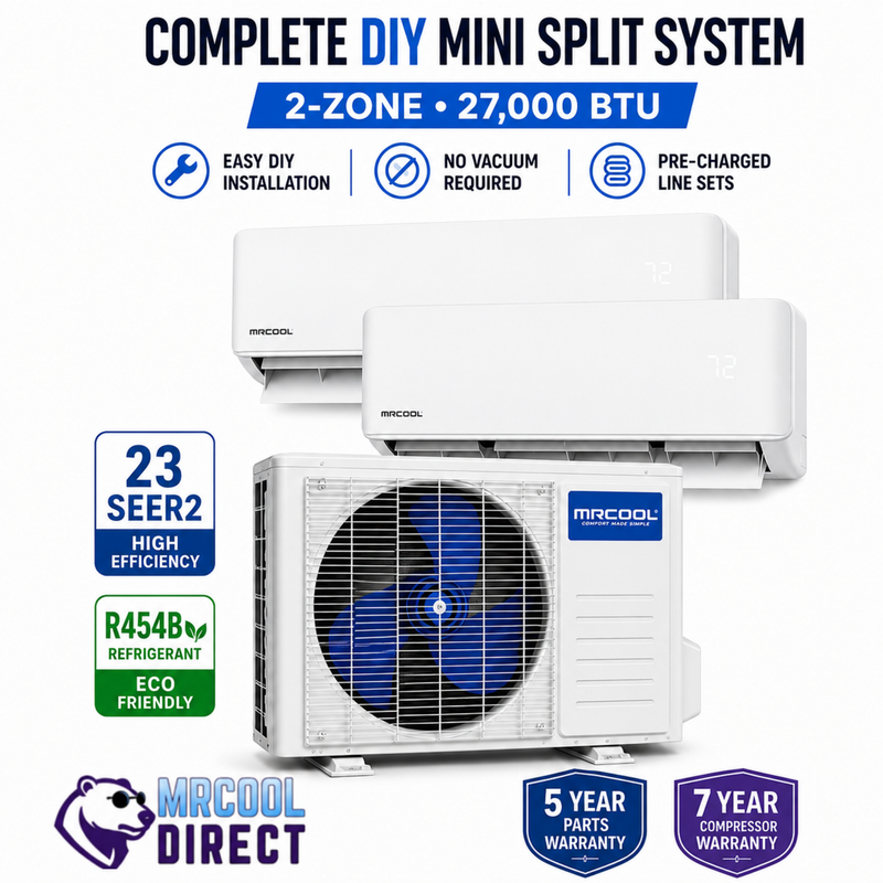 MRCOOL® DIY® 5th Gen 2-Zone 27,000 BTU Ductless Mini Split Air Conditioner & Heat Pump with Pre-Charged (16ft+16ft) Line Sets R-454B (6K+12K) Air Handlers, (230V)-DIYM227HPW00D00 MRCOOL®