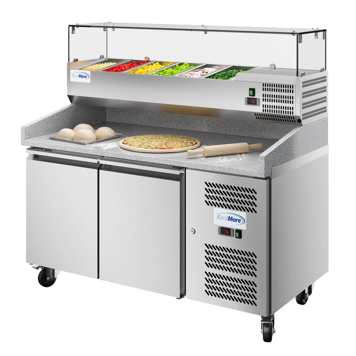 KoolMore 59" Granite Top Refrigerated Pizza Prep Station with 2-Door Storage & Pan Rail – KM-RPCPS-2D59-GRT