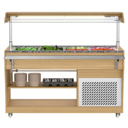 59 in. Commercial Refrigerated Buffet Table with Capacity for 4 Full - Size GN Pans, Featuring Adjustable Cover, a Serving Rail and 4 Lockable Casters in Wooden Finish (KM - RBT - 54ACS) - CulinaryProfis