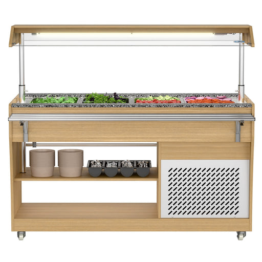 59 in. Commercial Refrigerated Buffet Table with Capacity for 4 Full - Size GN Pans, Featuring Adjustable Cover, a Serving Rail and 4 Lockable Casters in Wooden Finish (KM - RBT - 54ACS) - CulinaryProfis