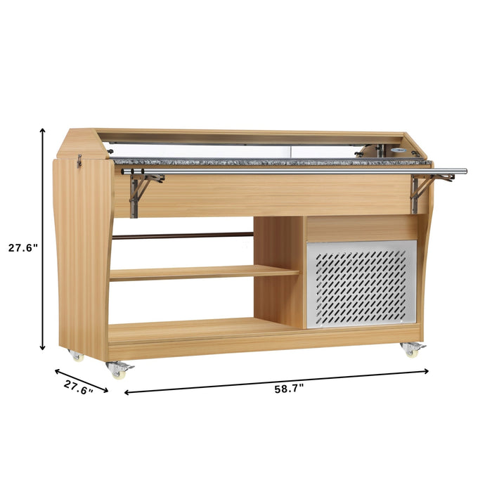 59 in. Commercial Refrigerated Buffet Table with Capacity for 4 Full - Size GN Pans, Featuring Adjustable Cover, a Serving Rail and 4 Lockable Casters in Wooden Finish (KM - RBT - 54ACS) - CulinaryProfis