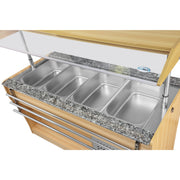 59 in. Commercial Refrigerated Buffet Table with Capacity for 4 Full - Size GN Pans, Featuring Adjustable Cover, a Serving Rail and 4 Lockable Casters in Wooden Finish (KM - RBT - 54ACS) - CulinaryProfis