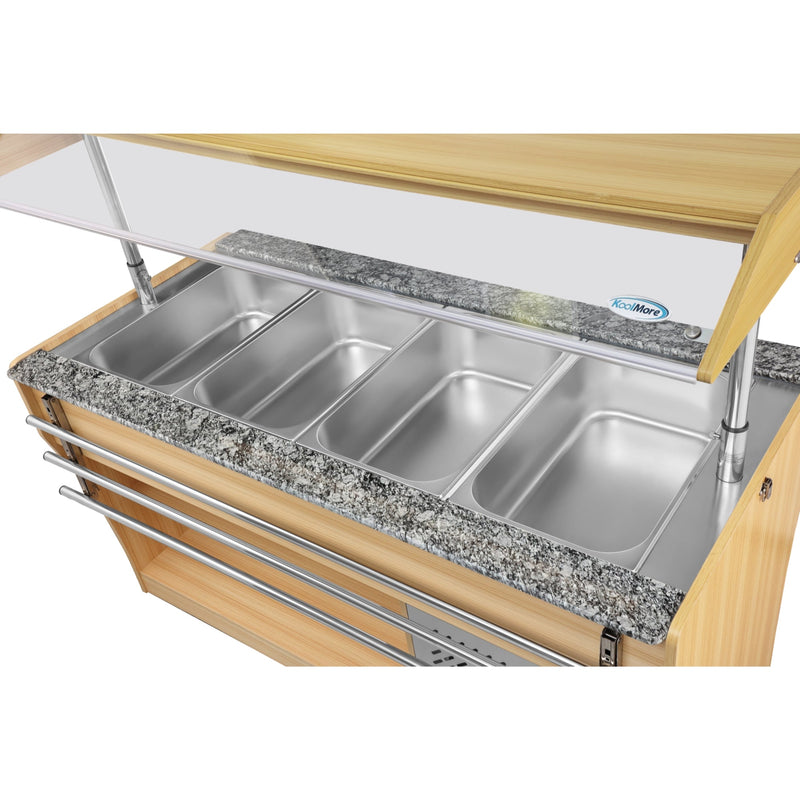 59 in. Commercial Refrigerated Buffet Table with Capacity for 4 Full - Size GN Pans, Featuring Adjustable Cover, a Serving Rail and 4 Lockable Casters in Wooden Finish (KM - RBT - 54ACS) - CulinaryProfis