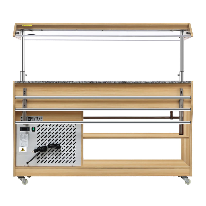 59 in. Commercial Refrigerated Buffet Table with Capacity for 4 Full - Size GN Pans, Featuring Adjustable Cover, a Serving Rail and 4 Lockable Casters in Wooden Finish (KM - RBT - 54ACS) - CulinaryProfis