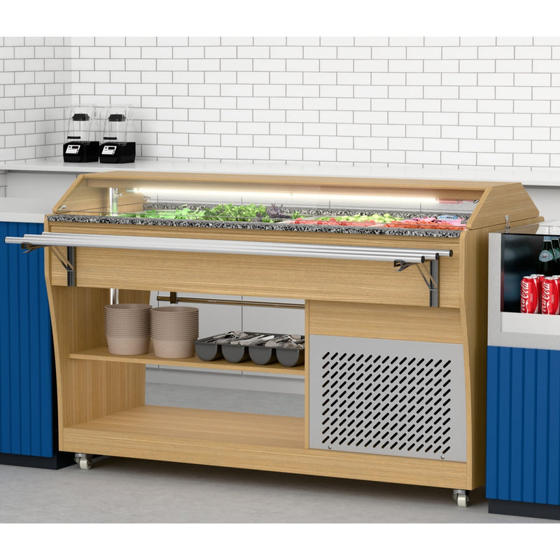 59 in. Commercial Refrigerated Buffet Table with Capacity for 4 Full - Size GN Pans, Featuring Adjustable Cover, a Serving Rail and 4 Lockable Casters in Wooden Finish (KM - RBT - 54ACS) - CulinaryProfis
