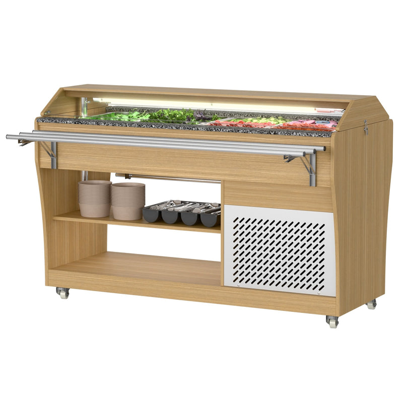 59 in. Commercial Refrigerated Buffet Table with Capacity for 4 Full - Size GN Pans, Featuring Adjustable Cover, a Serving Rail and 4 Lockable Casters in Wooden Finish (KM - RBT - 54ACS) - CulinaryProfis
