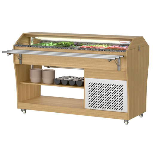 59 in. Commercial Refrigerated Buffet Table with Capacity for 4 Full - Size GN Pans, Featuring Adjustable Cover, a Serving Rail and 4 Lockable Casters in Wooden Finish (KM - RBT - 54ACS) - CulinaryProfis