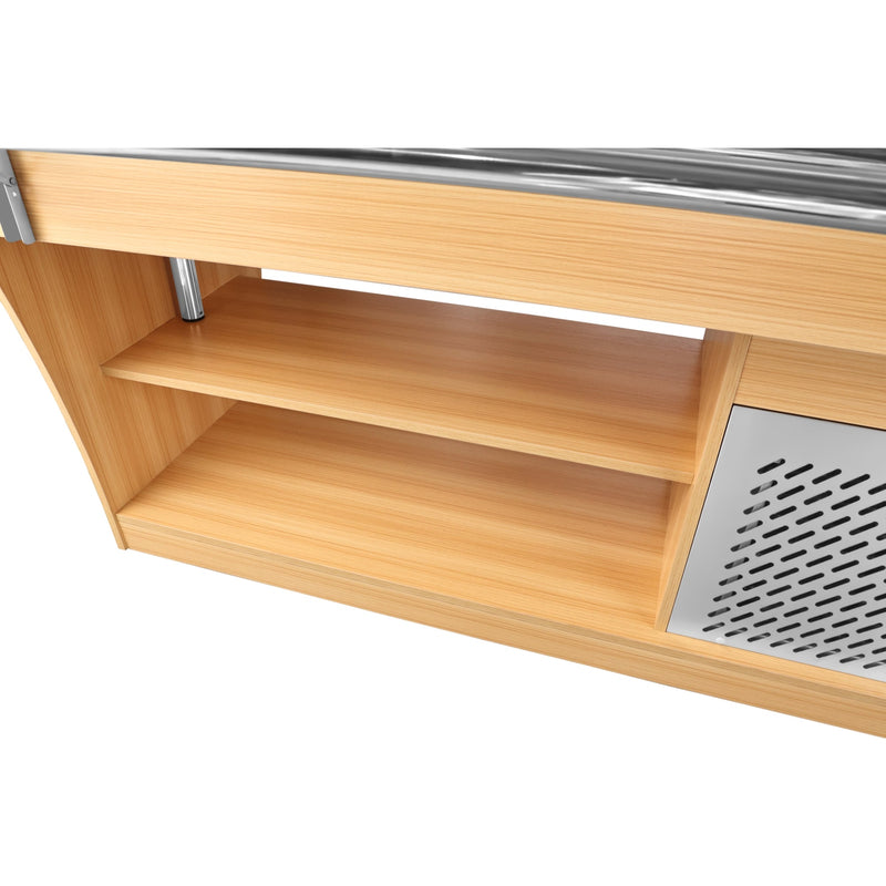 59 in. Commercial Refrigerated Buffet Table with Capacity for 4 Full - Size GN Pans, Featuring Adjustable Cover, a Serving Rail and 4 Lockable Casters in Wooden Finish (KM - RBT - 54ACS) - CulinaryProfis