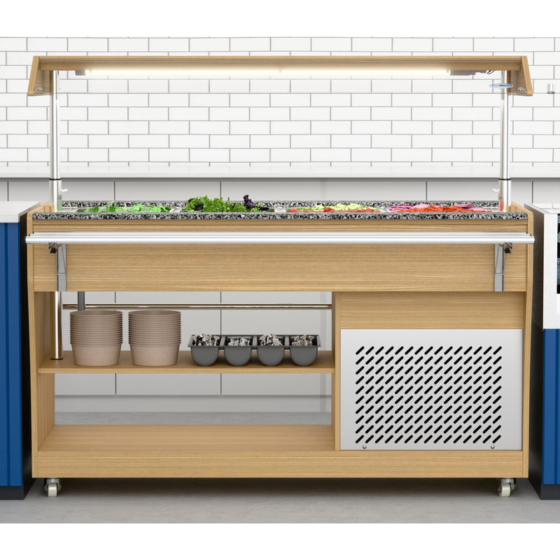 59 in. Commercial Refrigerated Buffet Table with Capacity for 4 Full - Size GN Pans, Featuring Adjustable Cover, a Serving Rail and 4 Lockable Casters in Wooden Finish (KM - RBT - 54ACS) - CulinaryProfis