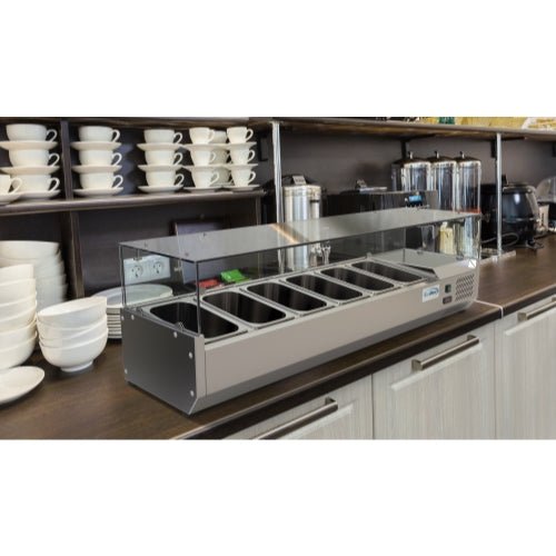 59 in. Six Pan Refrigerated Countertop Condiment Prep Station - SCDC - 6P - SG - CulinaryProfis