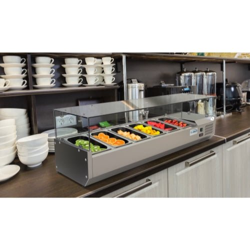 59 in. Six Pan Refrigerated Countertop Condiment Prep Station - SCDC - 6P - SG - CulinaryProfis
