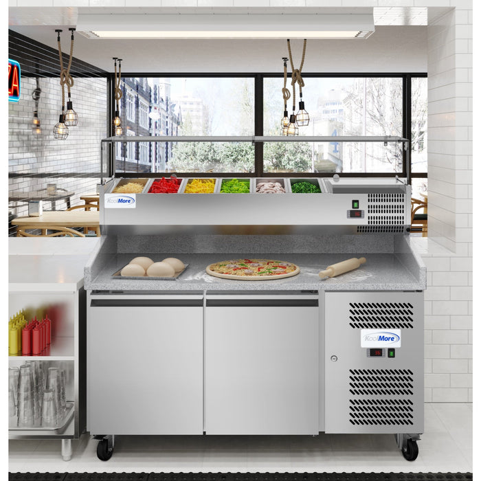 KoolMore 59" Granite Top Refrigerated Pizza Prep Station with 2-Door Storage & Pan Rail – KM-RPCPS-2D59-GRT