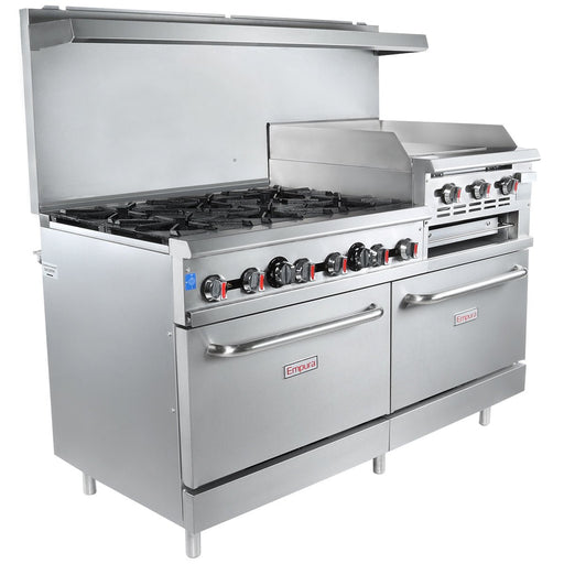 60" 6 Burner Commercial Liquid Propane Range with 24" Raised Griddle / Broiler and 2 Ovens - 278,000 BTU - CulinaryProfis