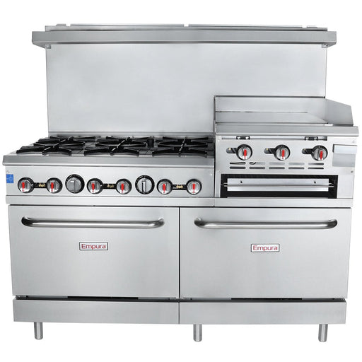 60" 6 Burner Commercial Natural Gas Range with 24" Raised Griddle / Broiler and 2 Ovens - 278,000 BTU - CulinaryProfis