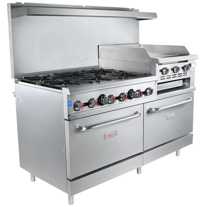 60" 6 Burner Commercial Natural Gas Range with 24" Raised Griddle / Broiler and 2 Ovens - 278,000 BTU - CulinaryProfis