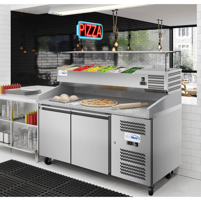 KoolMore 59" Granite Top Refrigerated Pizza Prep Station with 2-Door Storage & Pan Rail – KM-RPCPS-2D59-GRT