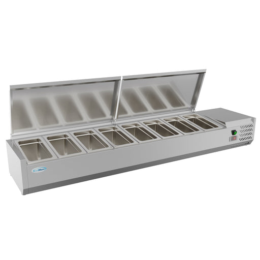 71 in. Eight Pan Refrigerated Countertop Condiment Prep Station - SCDC - 8P - SSL - CulinaryProfis