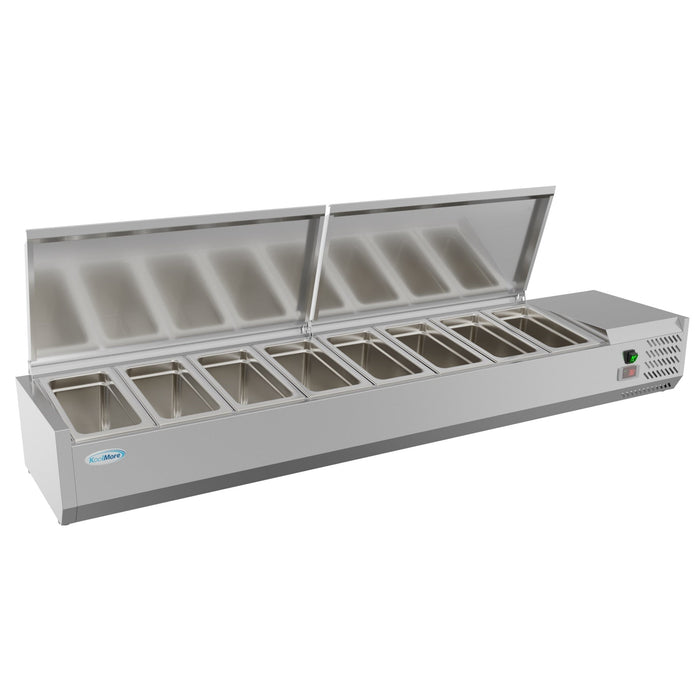 71 in. Eight Pan Refrigerated Countertop Condiment Prep Station - SCDC - 8P - SSL - CulinaryProfis