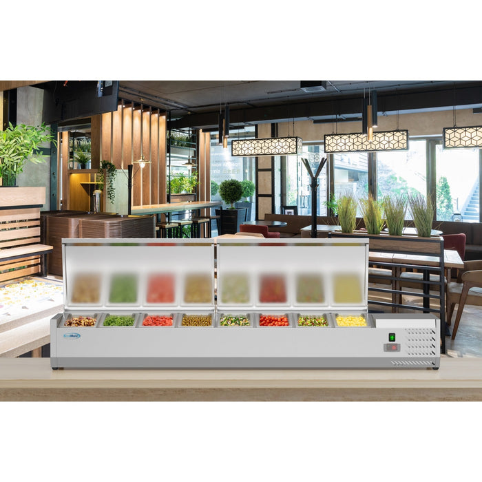 71 in. Eight Pan Refrigerated Countertop Condiment Prep Station - SCDC - 8P - SSL - CulinaryProfis