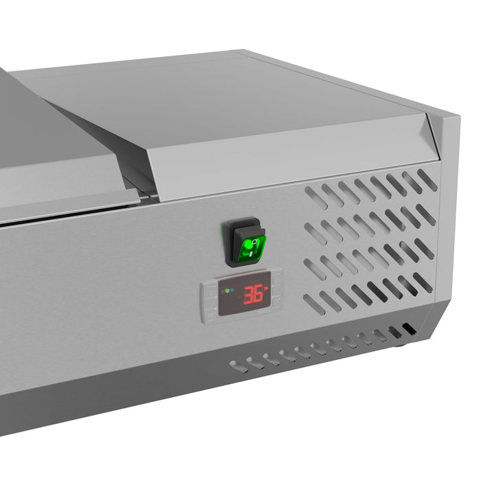 71 in. Eight Pan Refrigerated Countertop Condiment Prep Station - SCDC - 8P - SSL - CulinaryProfis