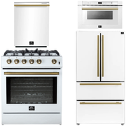 FORNO Espresso Package - 30" Gas Range, 36" Refrigerator with Ice Maker, Dishwasher and 24" Microwave Drawer in White with Antique Brass Accents FORNO