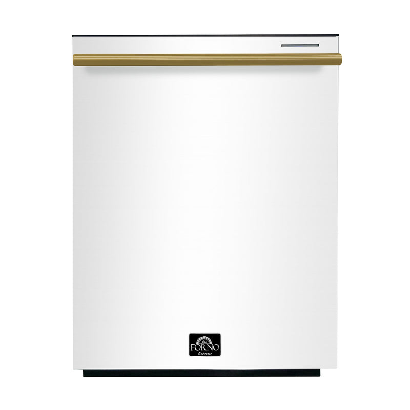 FORNO Espresso Pozzo 24-inch dishwasher in white with Antique Brass handle - front view