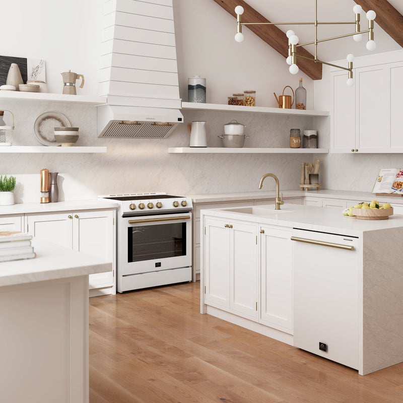 FORNO Espresso white dishwasher with Antique Brass handle in a kitchen