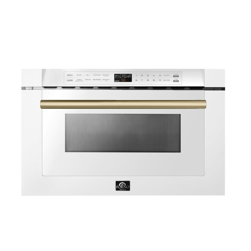 FORNO Espresso Capoliveri 24-inch microwave drawer in white with Antique Brass handle - front view