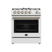 FORNO Espresso Leonardo 30-inch gas range in white with Antique Brass handles - front view
