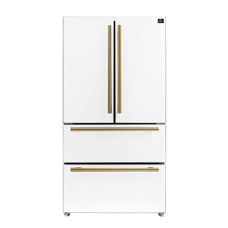 FORNO Espresso Moena 36-inch refrigerator in white with Antique Brass handles - front view