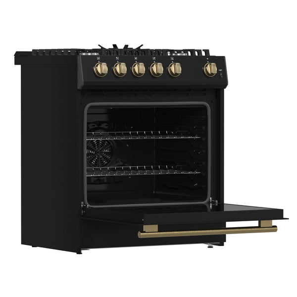 FORNO Espresso Leonardo 30" 5 cu. ft. Gas Range - Black with Antique Brass Handles (optional silver), FFSGS1116-30BLK FORNO