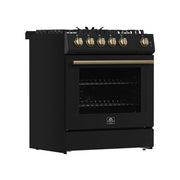 FORNO Espresso Leonardo 30" 5 cu. ft. Gas Range - Black with Antique Brass Handles (optional silver), FFSGS1116-30BLK FORNO