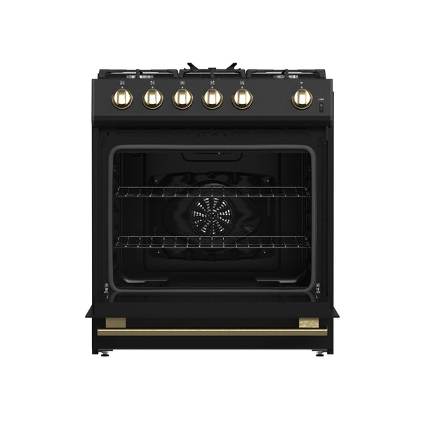 FORNO Espresso Leonardo 30" 5 cu. ft. Gas Range - Black with Antique Brass Handles (optional silver), FFSGS1116-30BLK FORNO