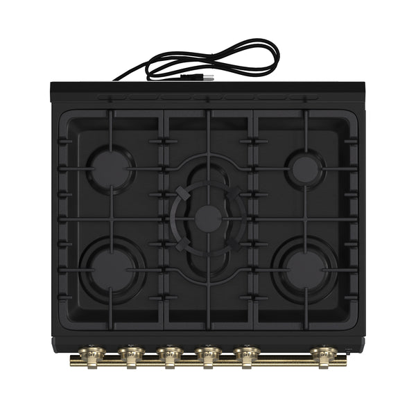 FORNO Espresso Leonardo 30" 5 cu. ft. Gas Range - Black with Antique Brass Handles (optional silver), FFSGS1116-30BLK FORNO