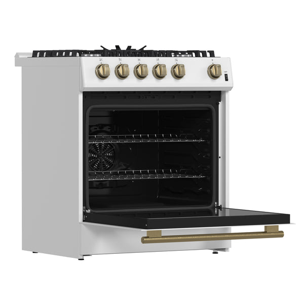 FORNO Espresso Leonardo 30" 5 cu. ft. Gas Range in White with Antique Brass Handles (optional silver), FFSGS1116-30WHT FORNO
