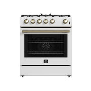 FORNO Espresso Leonardo 30" 5 cu. ft. Gas Range in White with Antique Brass Handles (optional silver), FFSGS1116-30WHT FORNO