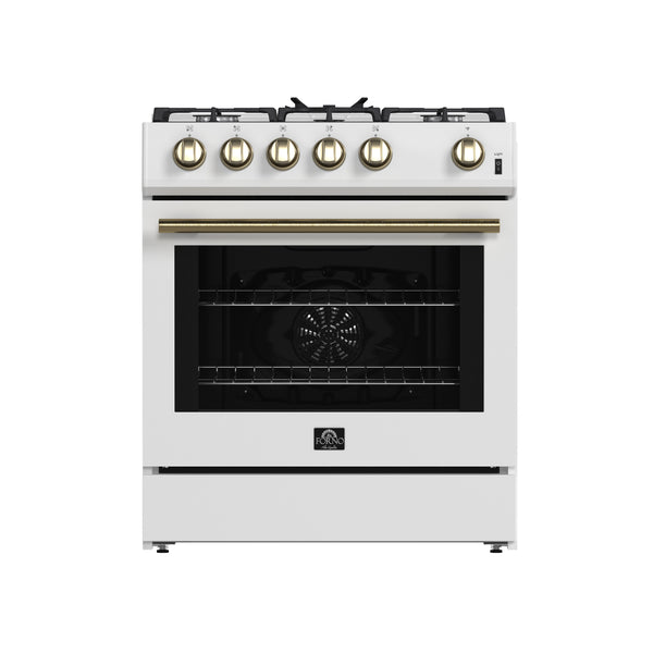 FORNO Espresso Leonardo 30" 5 cu. ft. Gas Range in White with Antique Brass Handles (optional silver), FFSGS1116-30WHT FORNO
