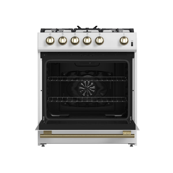 FORNO Espresso Leonardo 30" 5 cu. ft. Gas Range in White with Antique Brass Handles (optional silver), FFSGS1116-30WHT FORNO