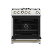 FORNO Espresso Leonardo 30" 5 cu. ft. Gas Range in White with Antique Brass Handles (optional silver), FFSGS1116-30WHT FORNO
