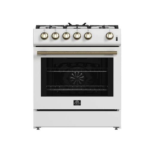 FORNO Espresso Leonardo 30" 5 cu. ft. Gas Range in White with Antique Brass Handles (optional silver), FFSGS1116-30WHT FORNO