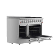 FORNO Galiano 48-inch Gas Range Stainless Steel, 8 Burners, 107,000 BTU, Griddle, 6.58 cu.ft. Double Oven, FFSGS6244-48 FORNO