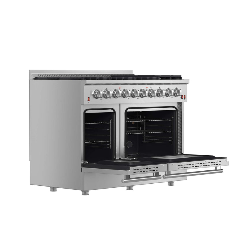 FORNO Galiano 48-inch Gas Range Stainless Steel, 8 Burners, 107,000 BTU, Griddle, 6.58 cu.ft. Double Oven, FFSGS6244-48 FORNO