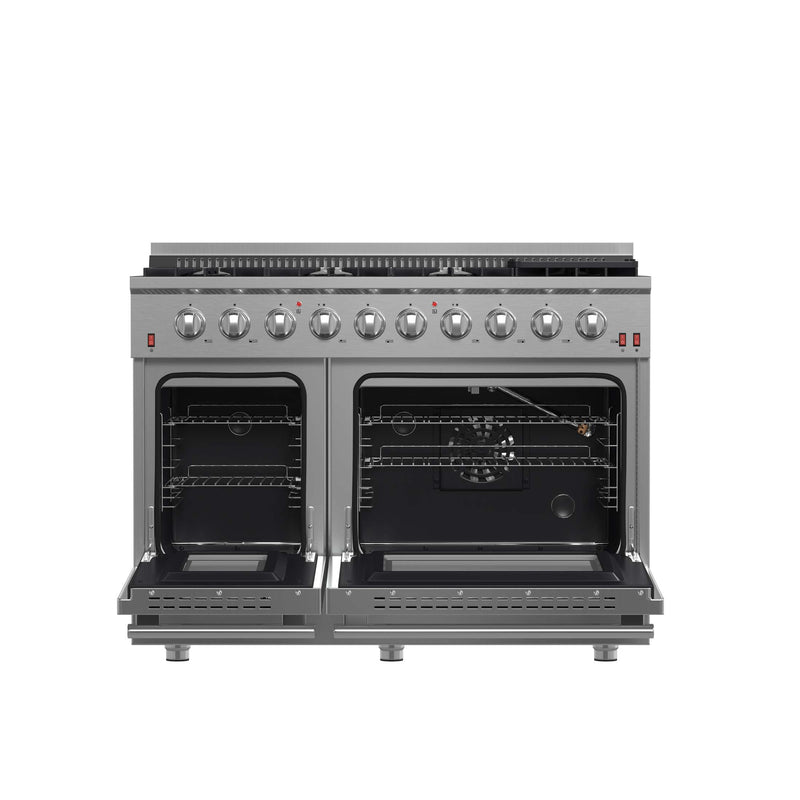 FORNO Galiano 48-inch Gas Range Stainless Steel, 8 Burners, 107,000 BTU, Griddle, 6.58 cu.ft. Double Oven, FFSGS6244-48 FORNO