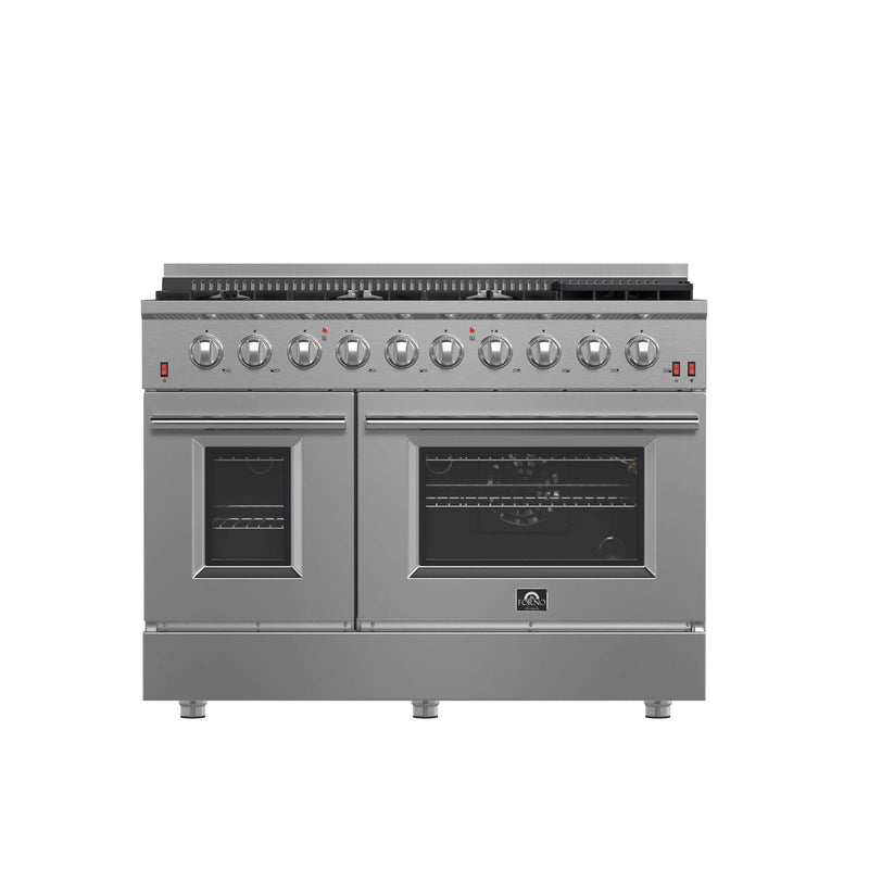 FORNO Premium 3-Piece Kitchen Bundle - 48" Gas Range, Wall Mount Range Hood and 60" Refrigerator with Modern Grill Trim, FBDL-018-04CAUS FORNO