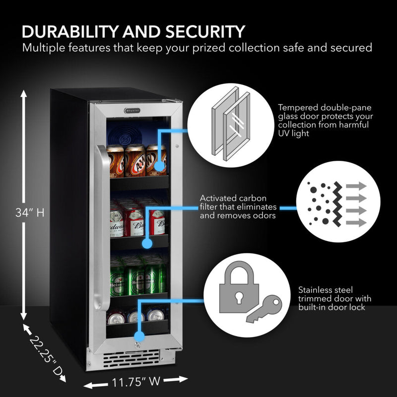 Whynter BBR-638SB 12 in. 76 12 oz. Can Built-In Beverage Fridge Cooler w/ Lock, Temp Controls, Glass Door Stainless Steel Whynter