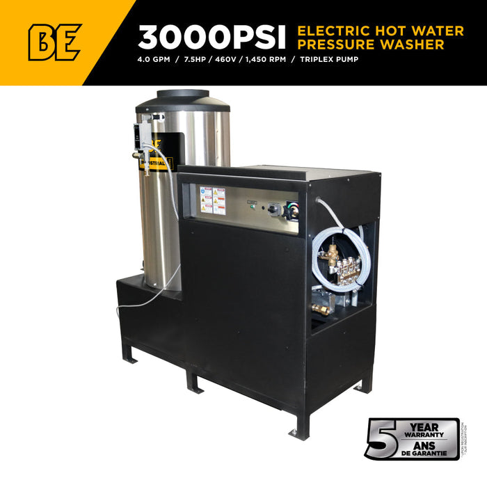 BEPowerEquipment 3,000 PSI 4.0 GPM Hot Water Electric Pressure Washer with 7.5 HP 460 Volt Baldor Motor and General Triplex Pump- 643HD-3-460