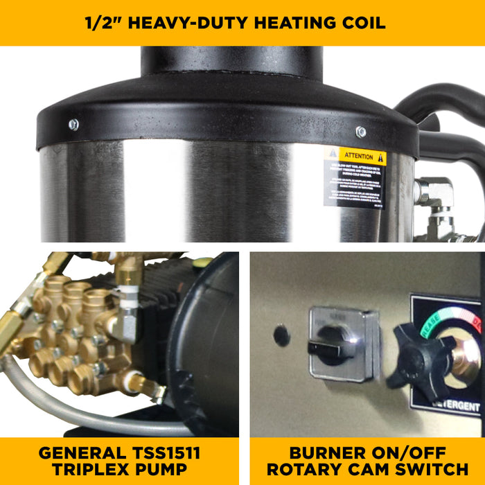 BEPowerEquipment 2,000 PSI 4.0 GPM Hot Water Electric Pressure Washer with 5.0 HP 460 Volt Baldor Motor and General Triplex Pump- 64HD-3-460