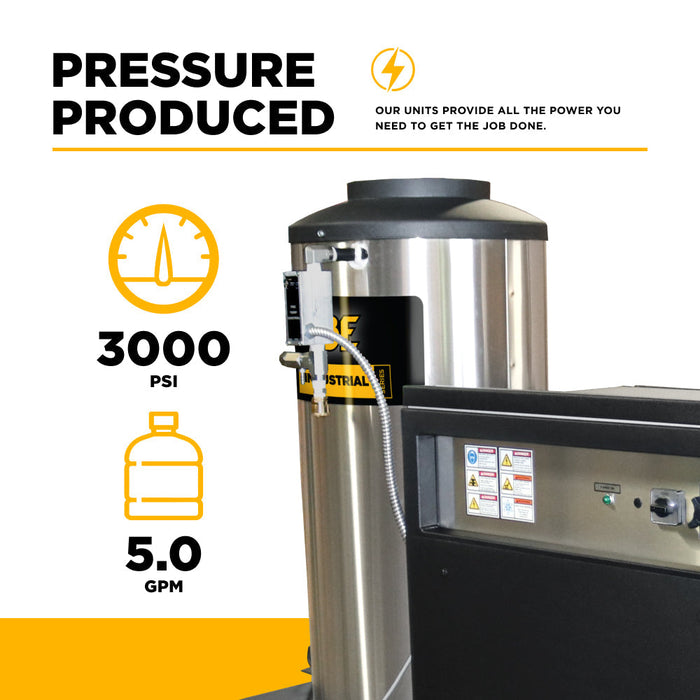 BEPowerEquipment 3,000 PSI 5.0 GPM Hot Water Electric Pressure Washer with 10 HP Baldor Motor and General Triplex Pump- 67HD