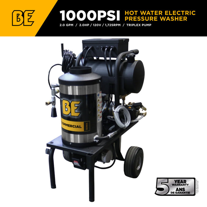 BEPowerEquipment 1,000 PSI 2.0 GPM Hot Water Electric Pressure Washer with Comet Triplex Pump - 1250