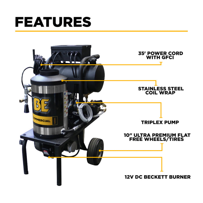 BEPowerEquipment 1,000 PSI 2.0 GPM Hot Water Electric Pressure Washer with Comet Triplex Pump - 1250